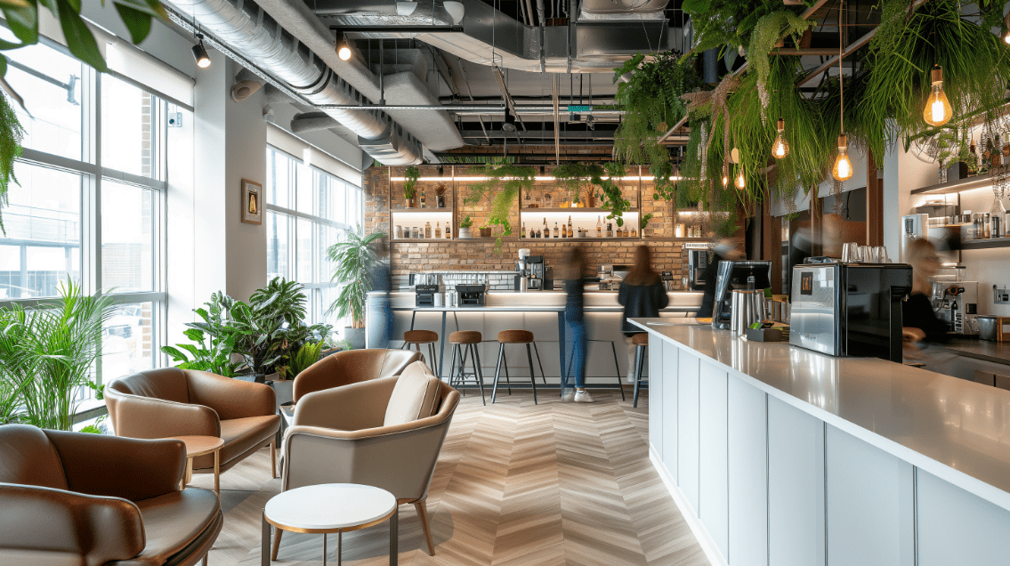 Office setup in London featuring a commercial coffee machine and seating