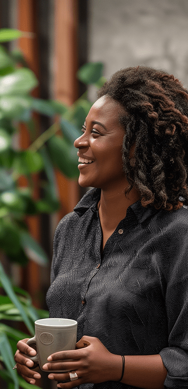 A black woman smiling holding a cup of coffee in a porcelain cup