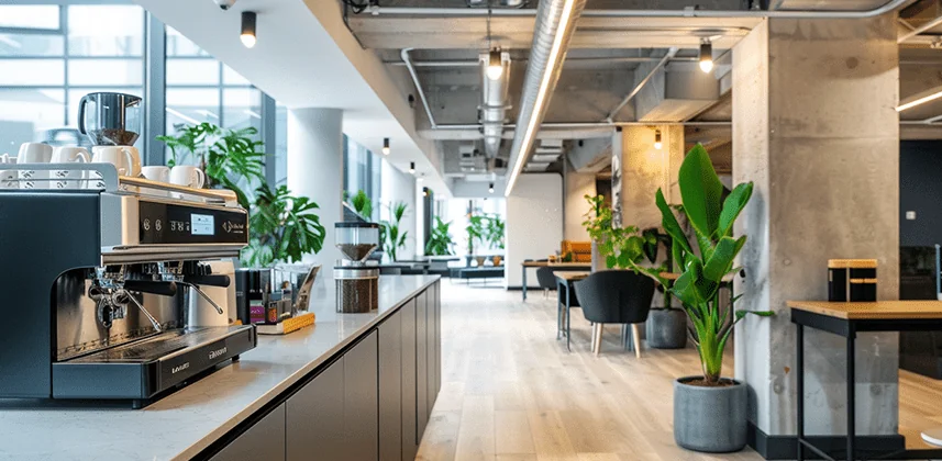 Open Plan Office Space With Two Coffee Machines On A Counter Top Space