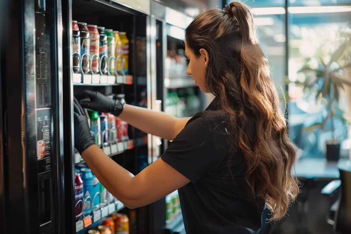 An engineer restocking and maintaining a commercial vending machine with snacks and drinks