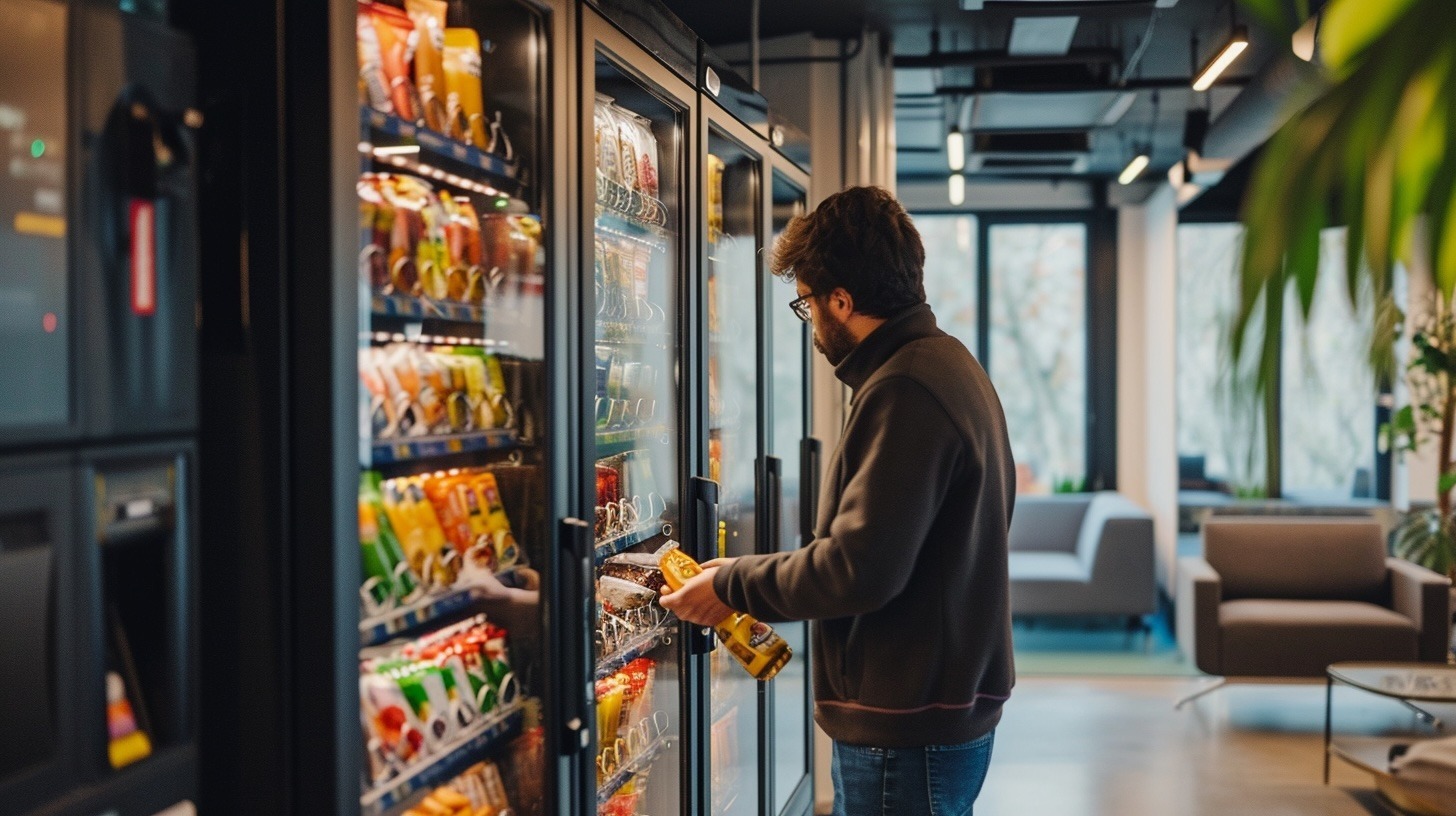 A man selecting a snack from a vending machine