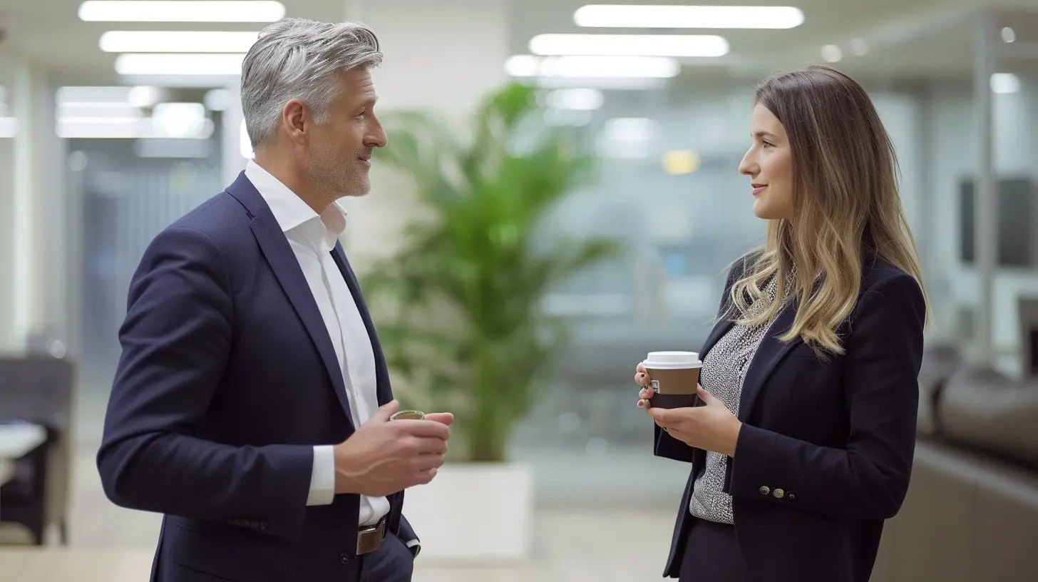 A man and woman in a suit holding a cup of coffee talking in a bright office with plants in the background