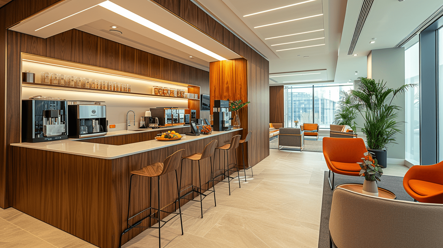 Sector spaces with a breakout area well lit, with wooden accents and orange furniture