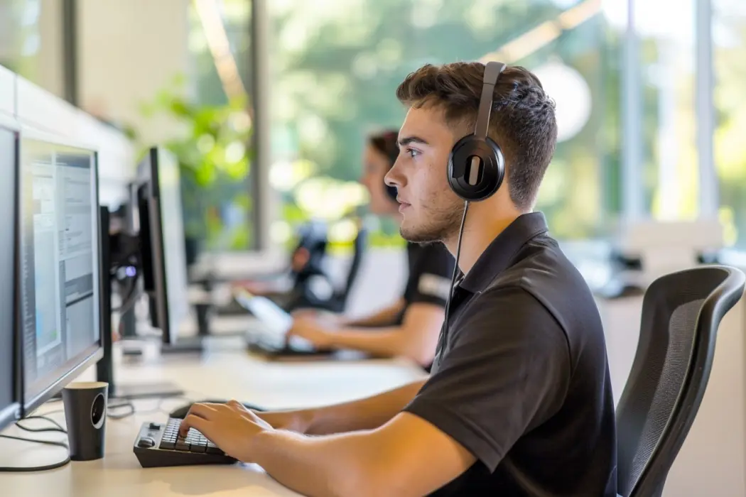 A vending sense team member on the support team answering the phone and working on a computer in an office