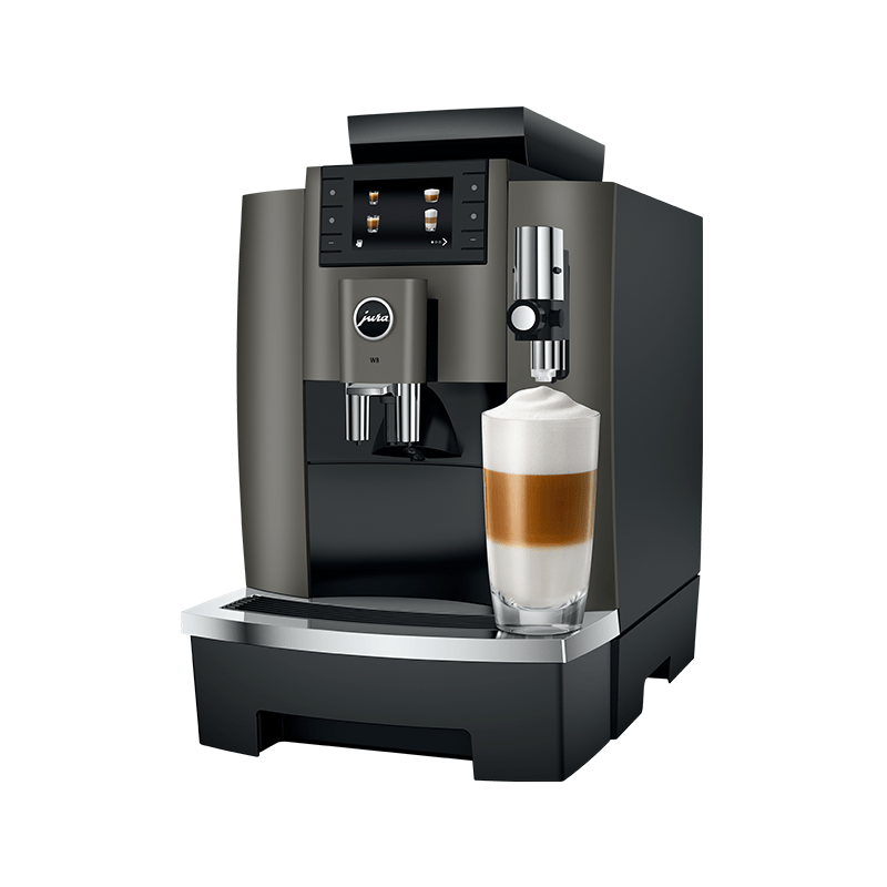 Jura W8 Bean to Cup Coffee Machine Side View with Latte