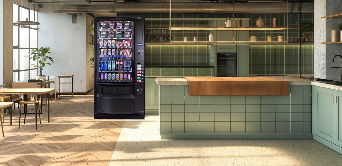 A green office kitchen featuring a Coffetek snack and drink vending machine