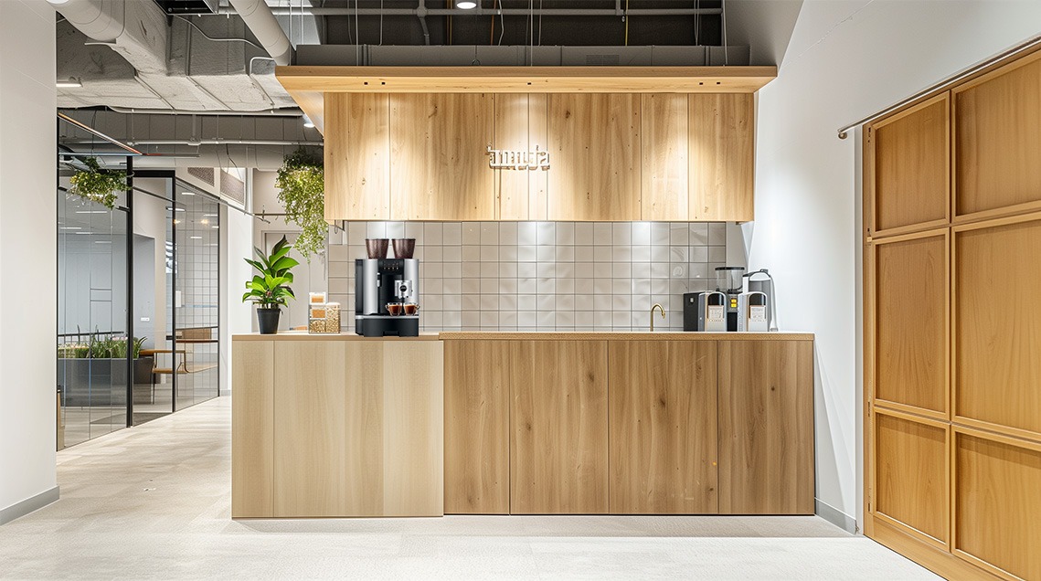 A light wood office setup featuring a Jura commercial coffee machine