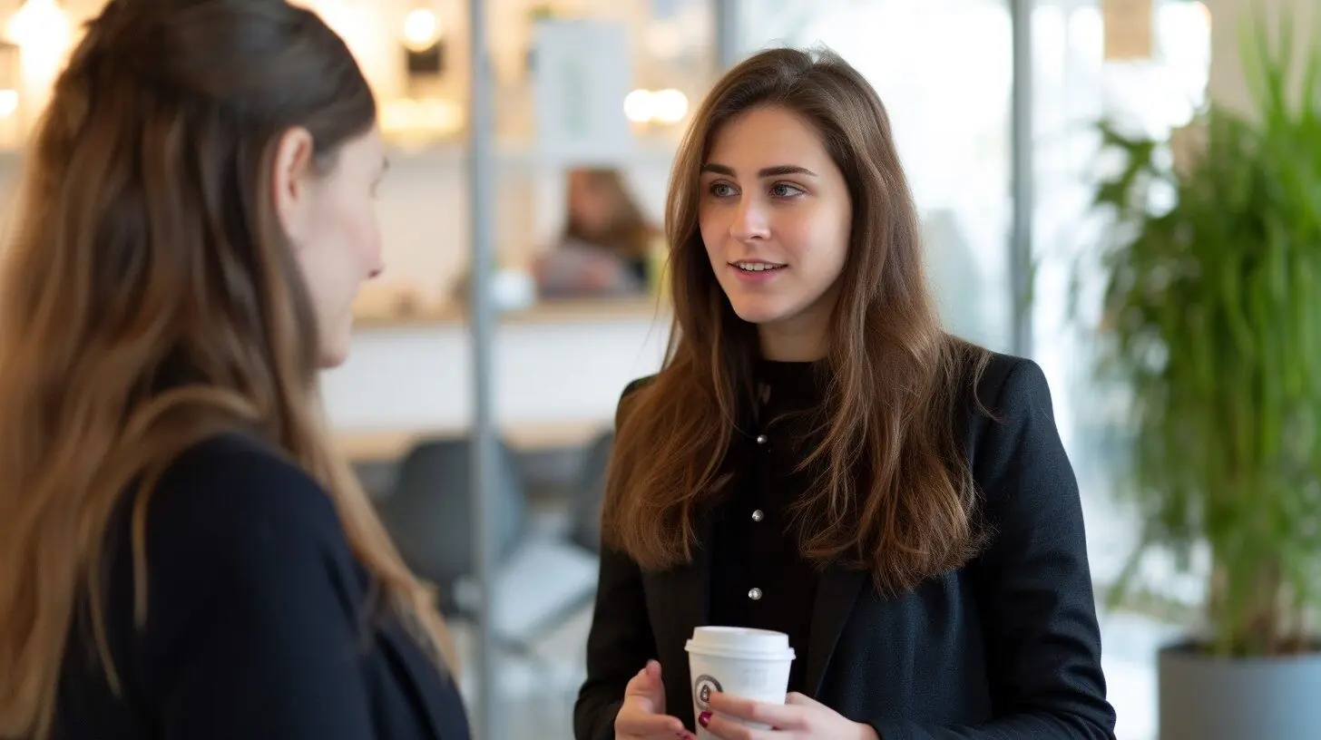 A woman talking to another woman holding a takeaway coffee cup