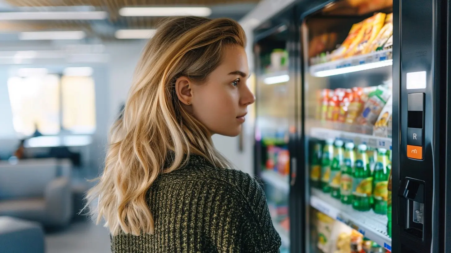 A blonde woman looking at the vending machine snack selection