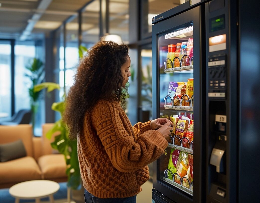 A woman selecting a packaged snack from a vending machine