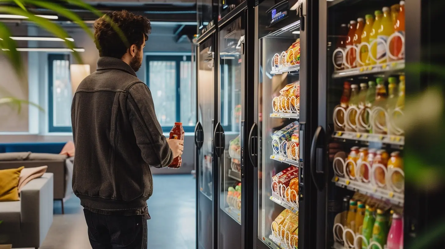 A man selecting a cold drink in a plastic bottle from a vending machine in a breakout area