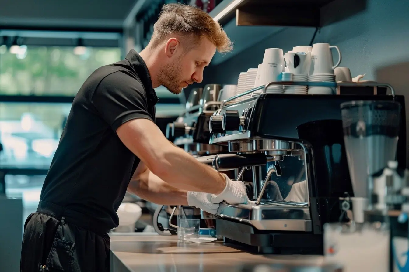 A commercial coffee machine engineer dressed in black fixing an espresso machine